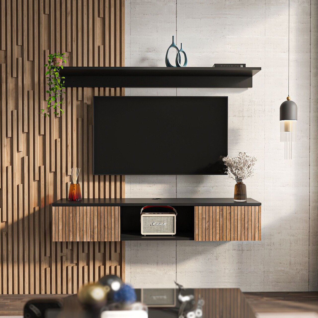 Comoda TV, Hanah Home, Elia, 140x25.6x32 cm, Lemn/Negru - imagine 6